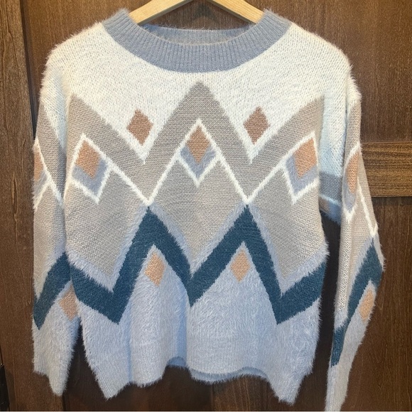 bohme Sweaters - Bohme Rolanda Fur Chevron Color Block Crewneck Sweater